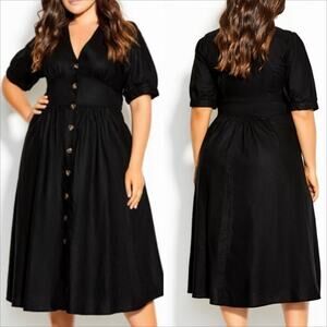 CITY Chic sunset stroll‎ black linen v neck cap sleeve button front midi dress